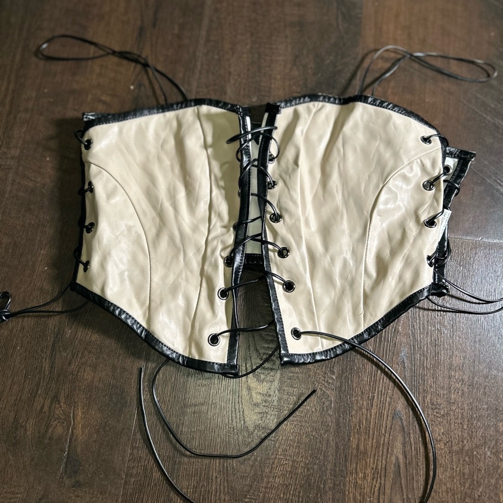 Cream and Black Lace-Up Corset Top